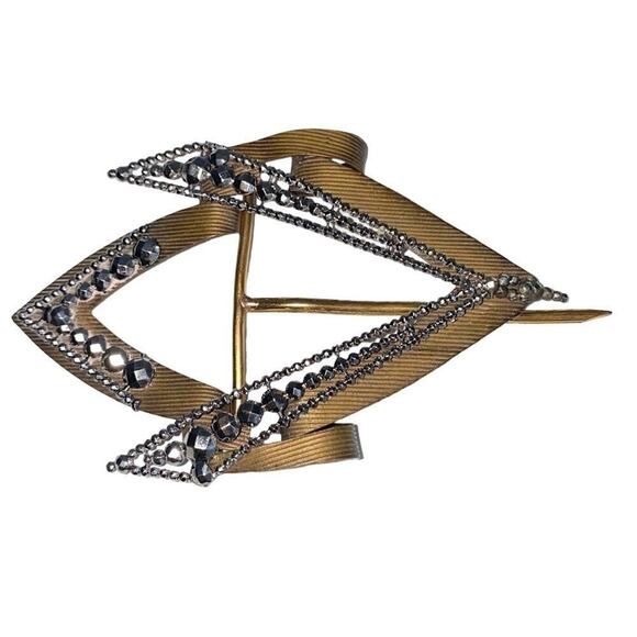 ART DECO Hematite Belt Buckle Brass Tone 1940s Vintage Flapper Diamond‎ Shape